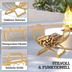 Brændestativ til indendørs brug 46×36×41 cm til pejs/ovn, metal, guld