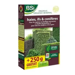 BSI - Organo-mineralsk gødning - Økologisk - Hække, nåletræer - Til stedsegrønne og nåletræer - 1 kg - Plus 250 g gratis - 12,5 m²