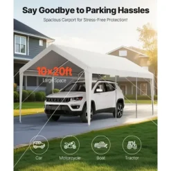 Carport Biloverdækning 10 x 20 FT, Kraftig Bærbar Biloverdækningstelt, Hvid Farve, Modstandsdygtig Mod Vejrforhold
