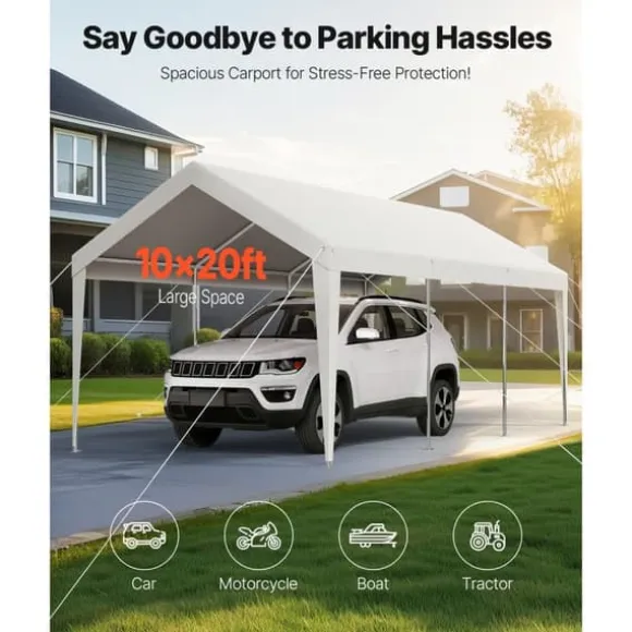 Carport Biloverdækning 10 x 20 FT, Kraftig Bærbar Biloverdækningstelt, Hvid Farve, Modstandsdygtig Mod Vejrforhold