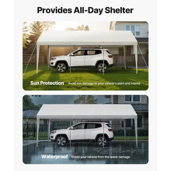 Carport Biloverdækning 10 x 20 FT, Kraftig Bærbar Biloverdækningstelt, Hvid Farve, Modstandsdygtig Mod Vejrforhold