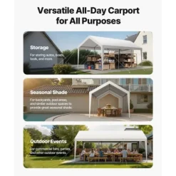 Carport Biloverdækning 10 x 20 FT, Kraftig Bærbar Biloverdækningstelt, Hvid Farve, Modstandsdygtig Mod Vejrforhold
