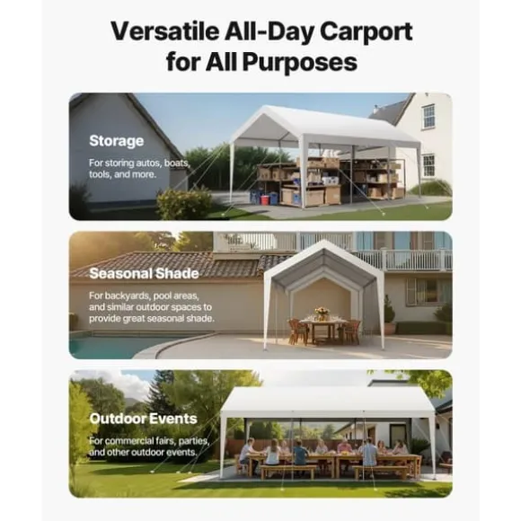 Carport Biloverdækning 10 x 20 FT, Kraftig Bærbar Biloverdækningstelt, Hvid Farve, Modstandsdygtig Mod Vejrforhold