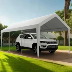 Carport Biloverdækning 10 x 20 FT, Kraftig Bærbar Biloverdækningstelt, Hvid Farve, Modstandsdygtig Mod Vejrforhold