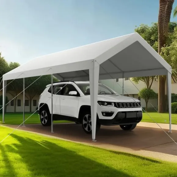 Carport Biloverdækning 10 x 20 FT, Kraftig Bærbar Biloverdækningstelt, Hvid Farve, Modstandsdygtig Mod Vejrforhold