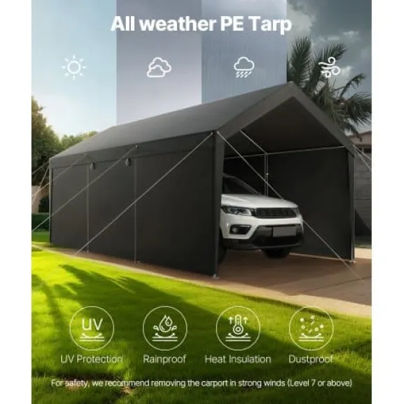 Carport, 305x609x287 cm, Grå, Kraftig udendørs ly