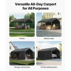Carport, 305x609x287 cm, Grå, Kraftig udendørs ly