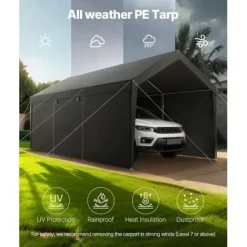Carport, 365x609x302 cm, Grå, Stålramme