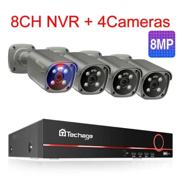 CCTV Videoovervågning, To-vejs lyd, Smart AI Ansigtsgenkendelse, Ingen, 8CH 4 stk 8MP kamera