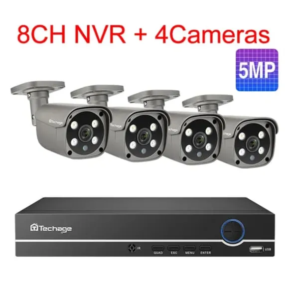CCTV Videoovervågning, To-vejs lyd, Smart AI Ansigtsgenkendelse, 2T, 8CH 4 stk 5MP kamera