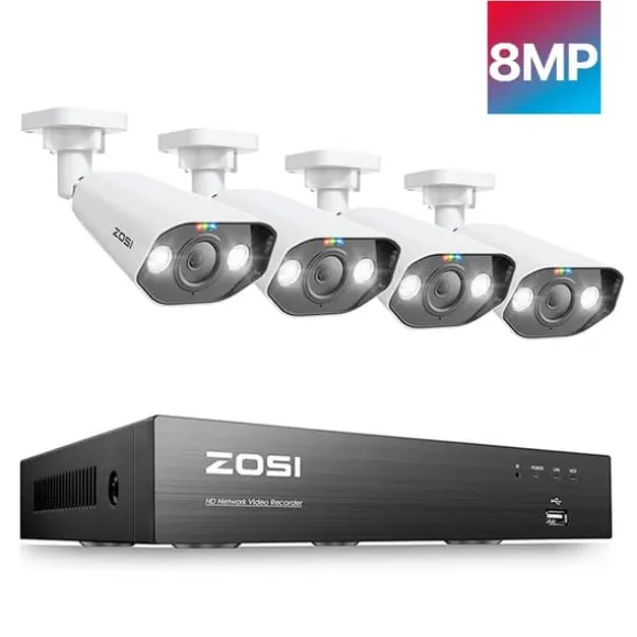 CCTV-system, 8MP opløsning, PoE NVR-kit,8CH NVR x 4Kameraer, 2T