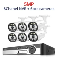 8CH NVR Sikkerhedskamera System, 4K Opløsning, AI Menneske Detektion,8CH NVR 6PCS KAMERA 5MP, 3T (udendørs sport)