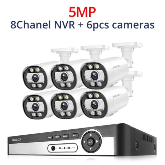 8CH NVR Sikkerhedskamera System, 4K Opløsning, AI Menneske Detektion,8CH NVR 6PCS KAMERA 5MP, 3T (udendørs sport)