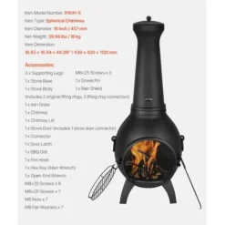 Chiminea, Kugleformet udendørs brændefyret ildsted, 43x42x112 cm, Sort