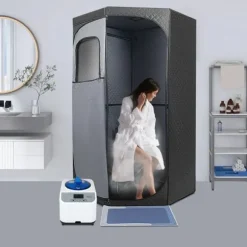 Dampsauna til Hjemmet - Bærbart Femkantet Telt Sæt - 1350 W Dampgenerator - Sammenklappelig Stol - Digital Styring - 9 Varmeniveauer