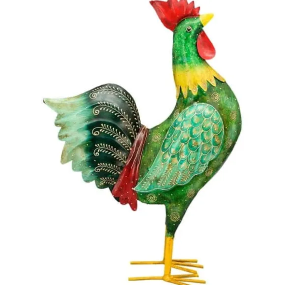 Dekorativ hane til verandaen, altanen og haven - metalfigur i flerfarvet.
