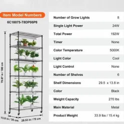 DIY Plantestativ med Vokse-lamper, 6 Etagers, 192W, 70,9” Høj, Justerbar Plant Grow Hylde til Indendørs Planter.