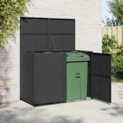 Dobbelt skraldespandsskjuler i polyrattan | Farve: Sort | Størrelse: 148x80x111 cm