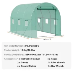 Drivhus, kraftig ramme, effektiv ventilation,12x7x7 ft