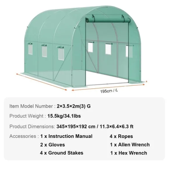 Drivhus, kraftig ramme, effektiv ventilation,12x7x7 ft