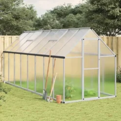 Drivhus med aluminiumfundamentramme - Vejrbestandig | Størrelse: 445x169x195 cm | Farve: Sølv