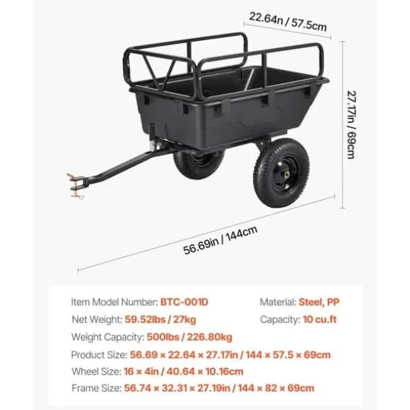 Dump Trailer 10 cu. ft, 500 lbs trækbare plastikhavetrailervogn, til ATV
