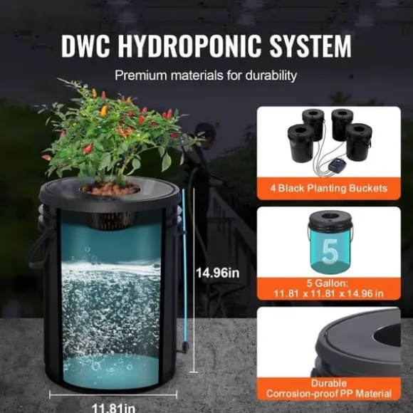 DWC Hydroponics Vækstsystem, Deep Water Culture, 4 Spande med Luftpumpe, Effektiv Vanding, Hurtig Vækst