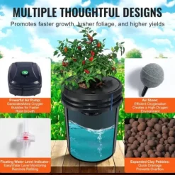 DWC Hydroponics Vækstsystem, Deep Water Culture, 4 Spande med Luftpumpe, Effektiv Vanding, Hurtig Vækst