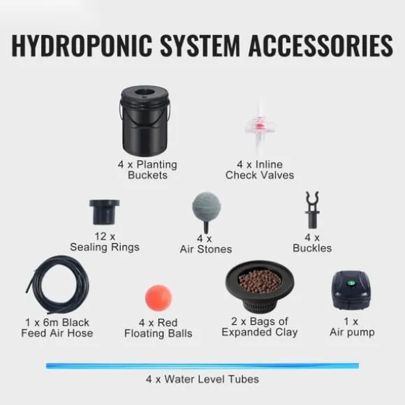 DWC Hydroponics Vækstsystem, Deep Water Culture, 4 Spande med Luftpumpe, Effektiv Vanding, Hurtig Vækst