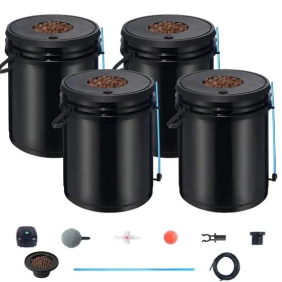 DWC Hydroponics Vækstsystem, Deep Water Culture, 4 Spande med Luftpumpe, Effektiv Vanding, Hurtig Vækst