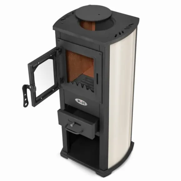 EKONOMIK LUX Multifunktionel Træbrændeovn - 6,6 kW, Kogeplade, Rød/Beige/Antracit