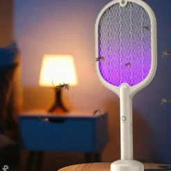 Elektrisk 2-i-1 USB genopladelig fluesmækker med 3-lags mesh - hvid