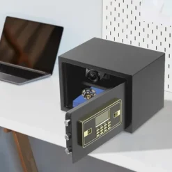 Elektronisk pengeskab - 22 L sikkerhedsboks - Alarm - Dobbeltlås - Vægmontering/fritstående - LED-display - Aftagelig hylde - Sort