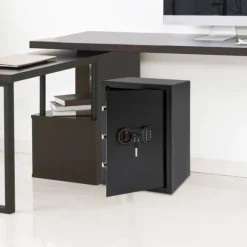Elektronisk pengeskab - Sikkerhedsskab - Kode + nøgle - 2 hylder - Stål med rustbeskyttelse - Vægmonteret eller fritstående - Sort