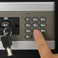 Elektronisk pengeskab, møbelsafe, sort, brandsikkert, kodelås & nødnøgle, trebolts-låsning til smykker og kontanter