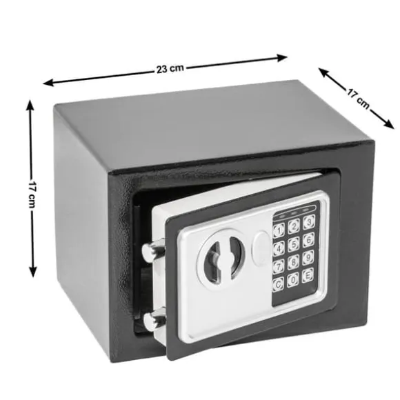 Elektronisk pengeskab 17x23x17cm + nøgle + 4 batterier - sort
