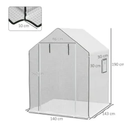 Erstatningsfolie PE 140x143x190 cm, UV-beskyttelse, rulleport & sidevinduer – til drivhus/tomathus, hvid