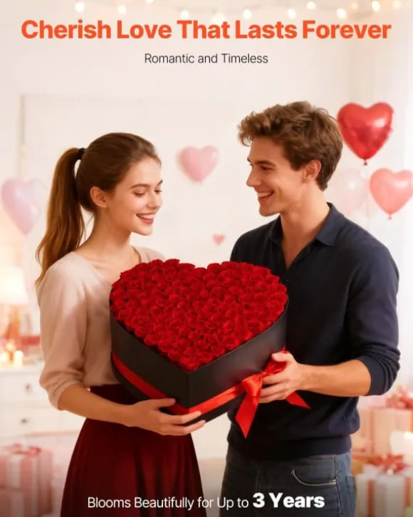 Evighedsroser - Hjerteformet Roseboks - 100 Stk Konserverede Roser - Langtidsholdbar Gaveidé - Til Fødselsdag/Valentinsdag/Jubilæum - Rød