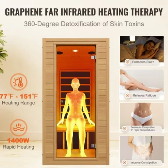 Far Infrared Træ Sauna 1-2 Personer, 1400W, Hjemmespa, Energibesparende, Hurtig Opvarmning