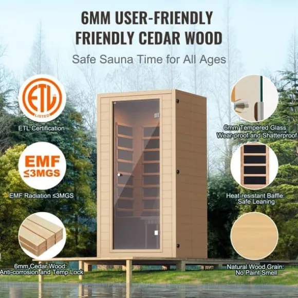 Far Infrared Træ Sauna 1-2 Personer, 1400W, Hjemmespa, Energibesparende, Hurtig Opvarmning