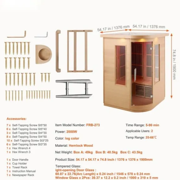 Far Infrared Træ Sauna til Hjemmet, Spa til 2 Personer, 1850W, Effektiv og Energibesparende