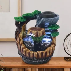 Feng Shui Bordfontæne - Indendørs Vandfald - Rislende Vand - 2 LED-lys - Resin - Moderne Stil - Fritstående - Til Kontor og Hjem