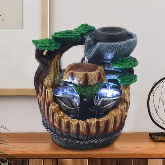 Feng Shui Bordfontæne - Indendørs Vandfald - Rislende Vand - 2 LED-lys - Resin - Moderne Stil - Fritstående - Til Kontor og Hjem
