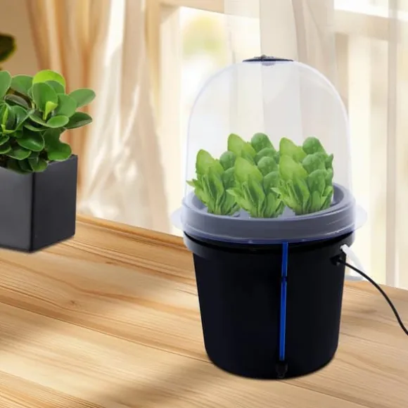 Fogponics hydroponisk system - Indendørs plantesæt - 8 plantepladser - Automatisk tågecyklus - Timer 60/30 min - 12–24 V DC - 27×27×29 cm - Sort