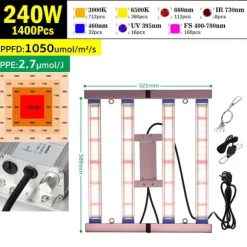 Foldbar Full Spectrum LED Vækstlys, Dæmpbar, Høj PPFD,240W