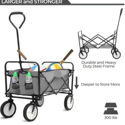 Foldbar havevogn - Transportvogn/trækvogn - Bæreevne 80 kg - Volumen 110 L - Gummihjul, stålramme - Foldemål 76x51x20 cm - Grå