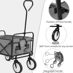 Foldbar havevogn - Transportvogn/trækvogn - Bæreevne 80 kg - Volumen 110 L - Gummihjul, stålramme - Foldemål 76x51x20 cm - Grå