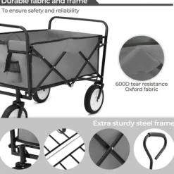 Foldbar havevogn - Transportvogn/trækvogn - Bæreevne 80 kg - Volumen 110 L - Gummihjul, stålramme - Foldemål 76x51x20 cm - Grå