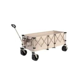 Foldbar havevogn med 100 kg kapacitet, robust 300L transportvogn med store terrængående hjul og drikkeholder - beige