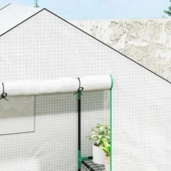 Foliedrivhus 143x74x190 cm med rulleport, vinduer & hylder, hvid